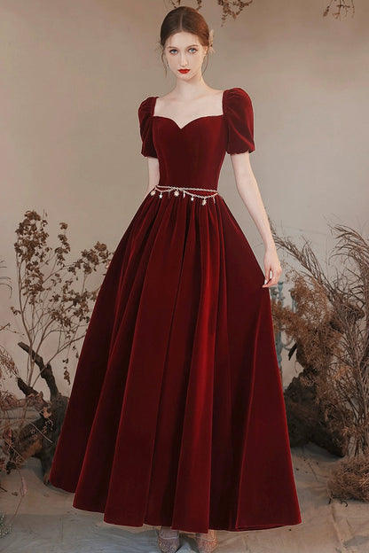 Burgundy Velvet Floor Length Prom Dress, Lovely A-Line Evening Party Dress