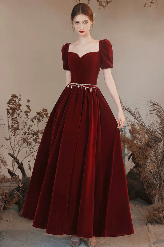 Burgundy Velvet Floor Length Prom Dress, Lovely A-Line Evening Party Dress
