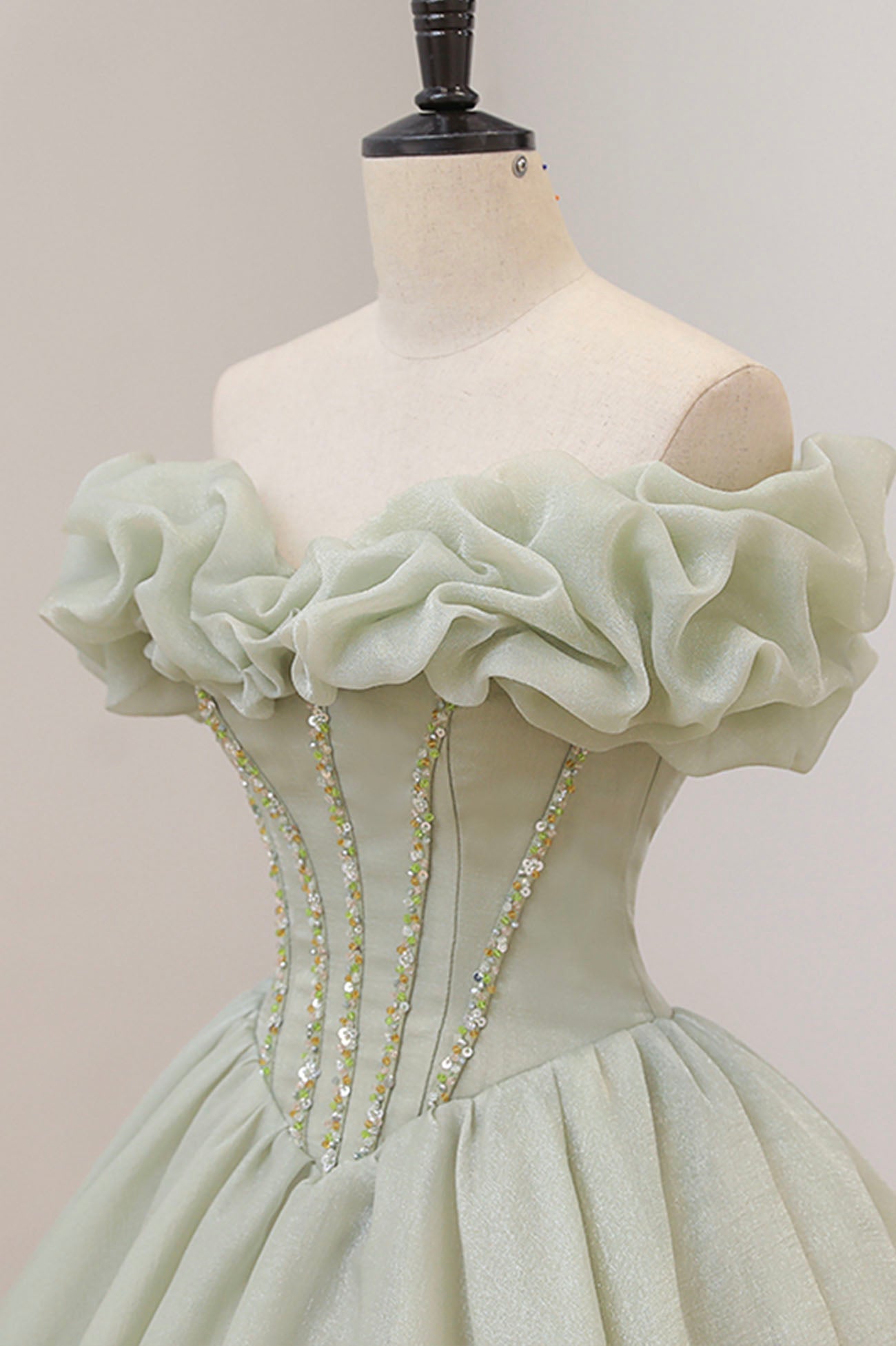 Green A-Line Tulle Long Prom Dress with Beaded, Off the Shoulder Evening Dress