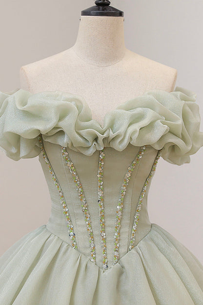 Green A-Line Tulle Long Prom Dress with Beaded, Off the Shoulder Evening Dress