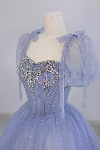 Blue Tulle Beaded Long Prom Dress, Beautiful A-line Blue Evening Party Dress