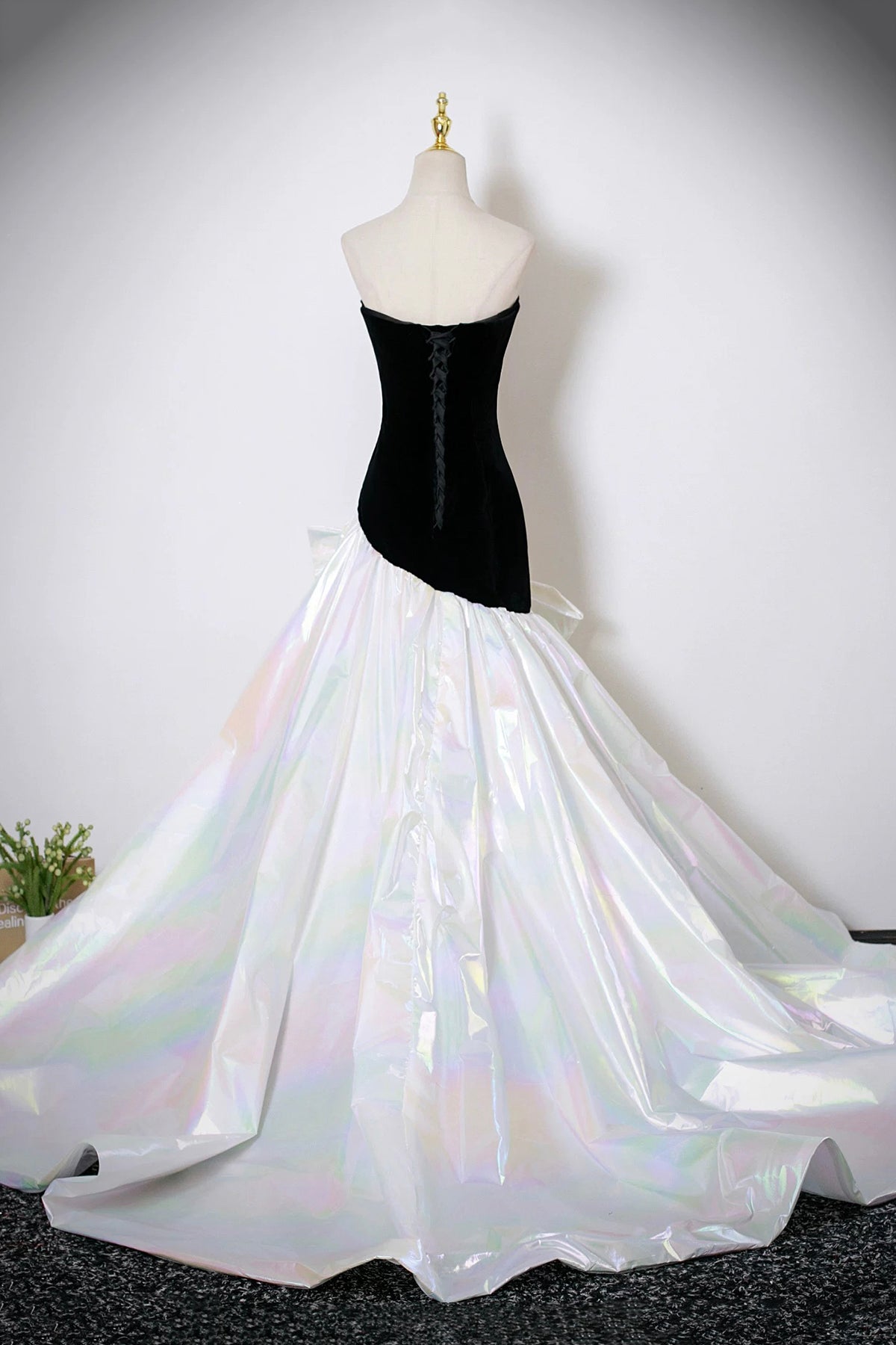 Black Velvet and White Colorful Satin Long Mermaid Strapless Prom Dress