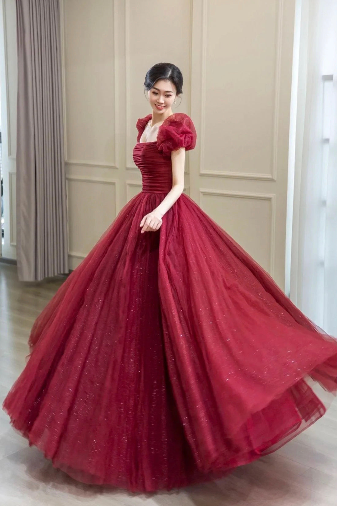 Burgundy Tulle Long A-Line Prom Dress, Beautiful Evening Graduation Dress