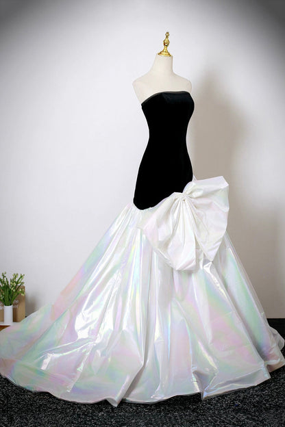 Black Velvet and White Colorful Satin Long Mermaid Strapless Prom Dress
