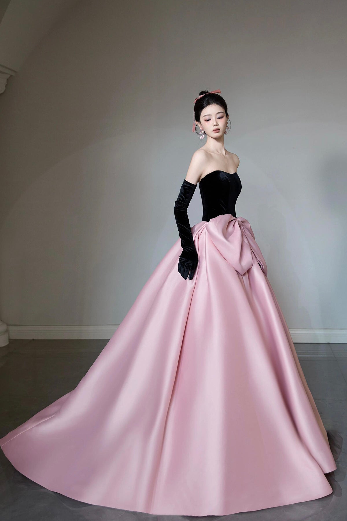 Black Velvet and Pink Satin Long Prom Dress, Beautiful A-Line Strapless Party Dress