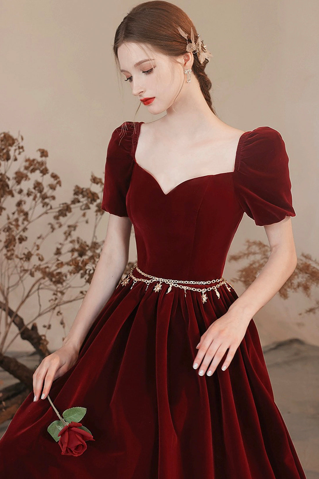 Burgundy Velvet Floor Length Prom Dress, Lovely A-Line Evening Party Dress