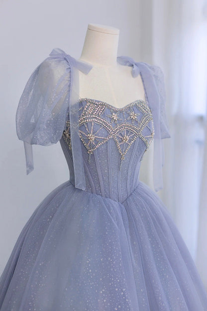 Blue Tulle Beaded Long Prom Dress, Beautiful A-line Blue Evening Party Dress