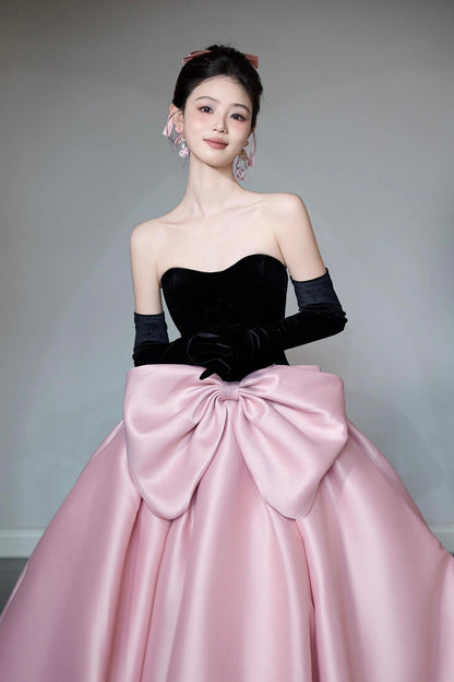 Black Velvet and Pink Satin Long Prom Dress, Beautiful A-Line Strapless Party Dress