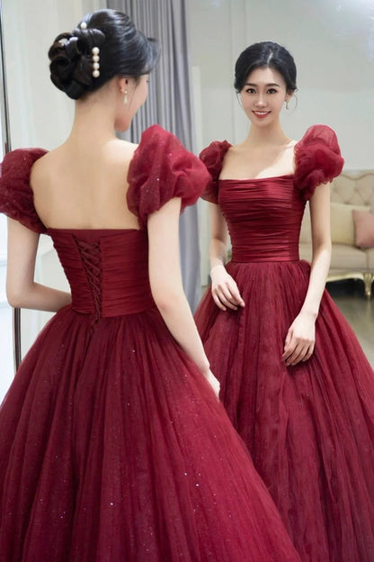 Burgundy Tulle Long A-Line Prom Dress, Beautiful Evening Graduation Dress