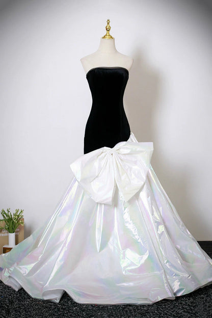 Black Velvet and White Colorful Satin Long Mermaid Strapless Prom Dress
