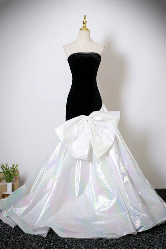 Black Velvet and White Colorful Satin Long Mermaid Strapless Prom Dress