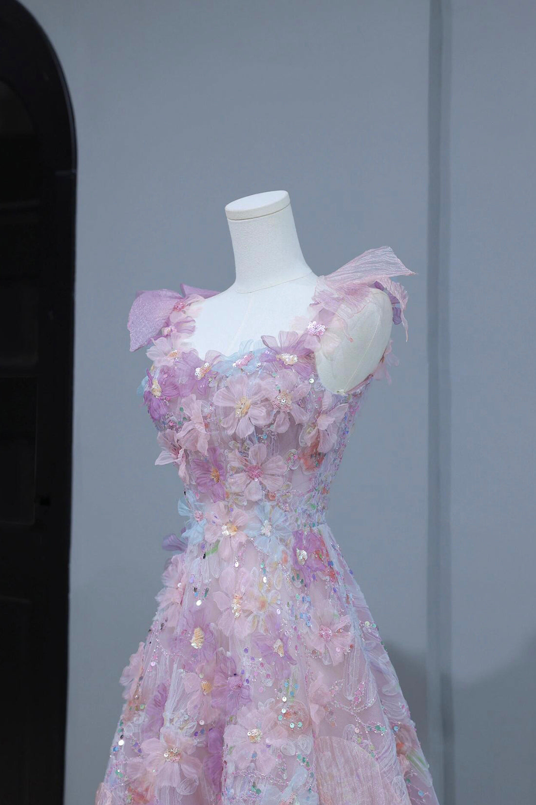 Beautiful Flowers Tulle Long Formal Dresses, Purple Pink A-Line Evening Dresses