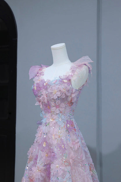 Beautiful Flowers Tulle Long Formal Dresses, Purple Pink A-Line Evening Dresses