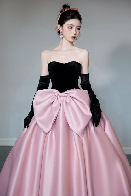 Black Velvet and Pink Satin Long Prom Dress, Beautiful A-Line Strapless Party Dress