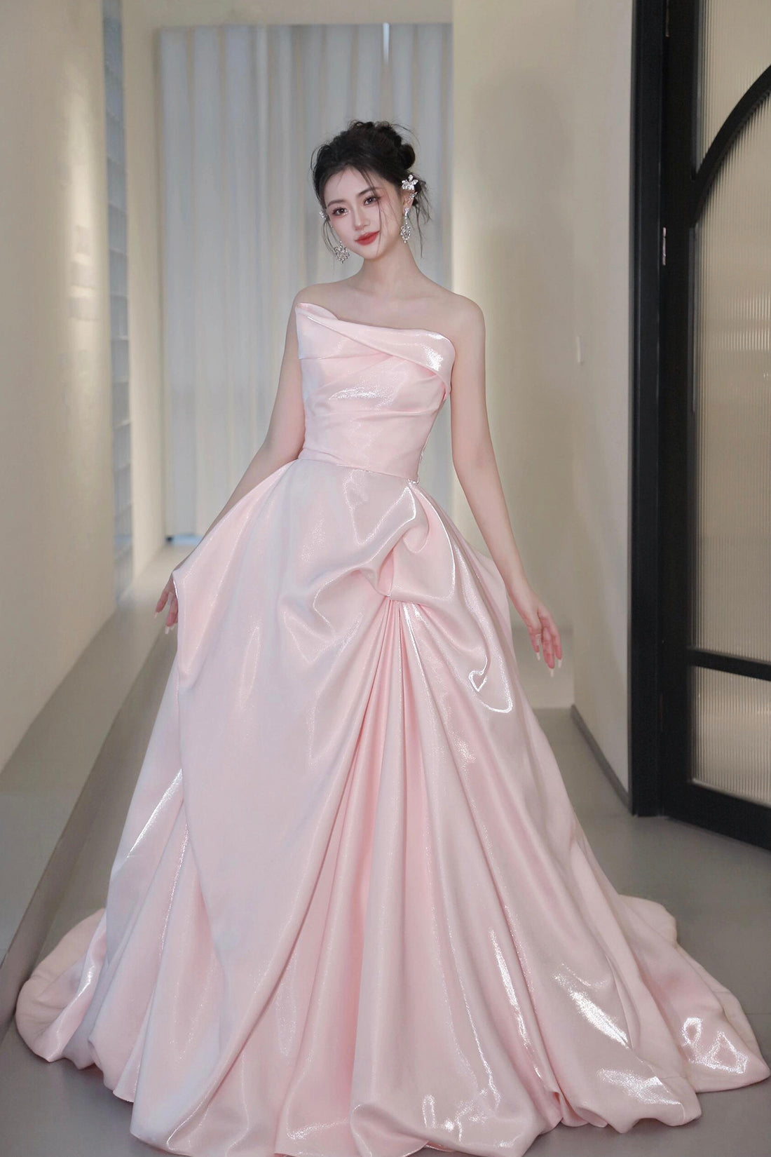 Pink Strapless Satin Long Prom Dress, Beautiful A-Line Party Dress
