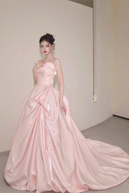Pink Strapless Satin Long Prom Dress, Beautiful A-Line Party Dress