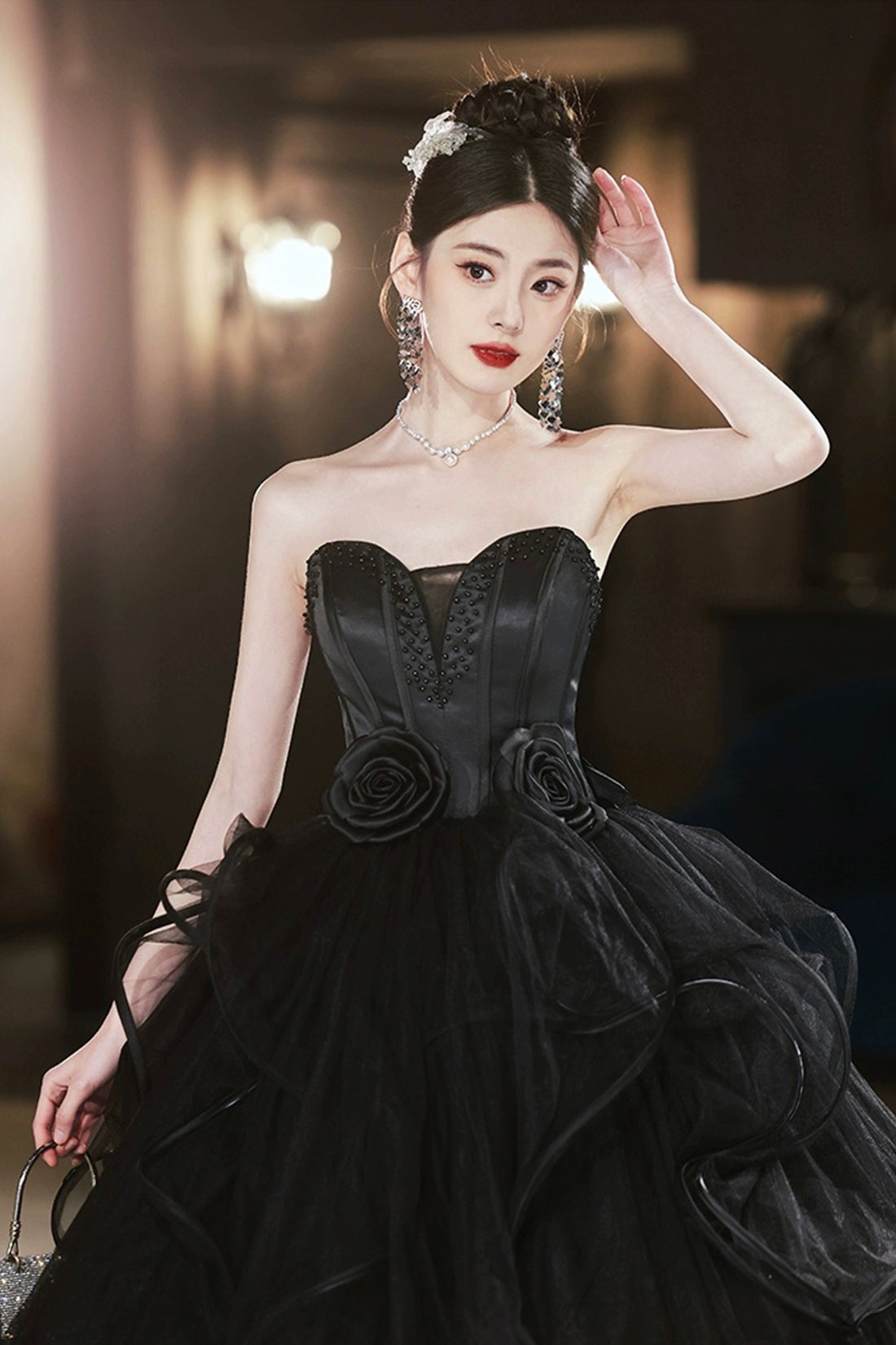 Black Tulle Beaded Long Ball Gown, A-Line Strapless Evening Formal Gown
