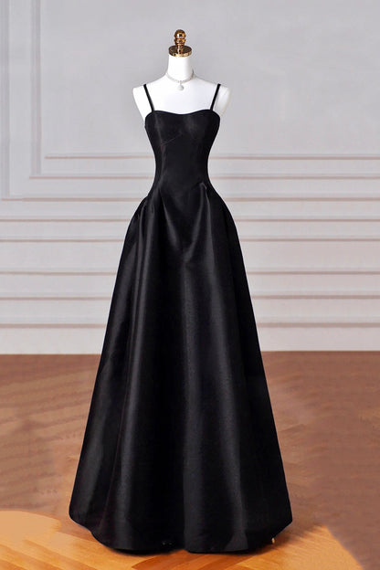 Black Spaghetti Strap Satin Long Prom Dress, A-Line Backless Evening Party Dress