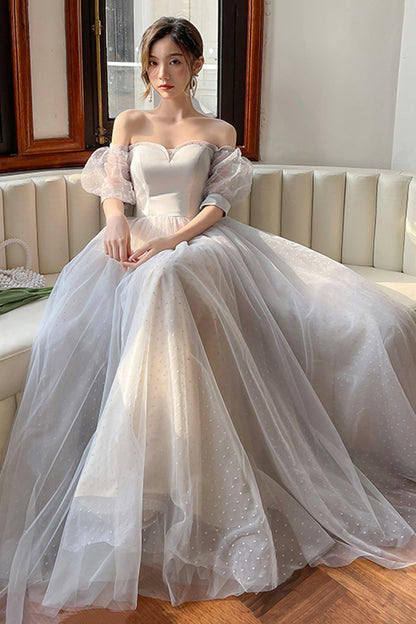 Gray Strapless Tulle Long Prom Dress, Cute A-Line Evening Dress Party Dress
