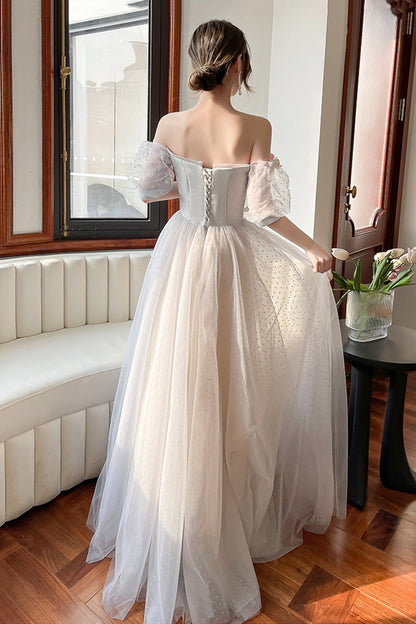 Gray Strapless Tulle Long Prom Dress, Cute A-Line Evening Dress Party Dress