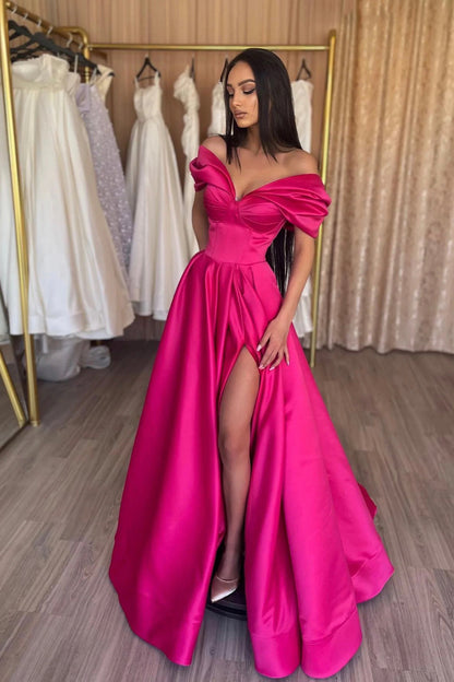 Stylish A-Line Off the Shoulder Satin Long Prom Dress, Hot Pink Satin Pleats Evening Dress with Slit