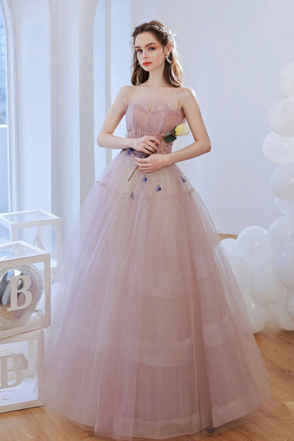 Pink Strapless Tulle Long Prom Dress with Beaded, Lovely Pink Evening Dress