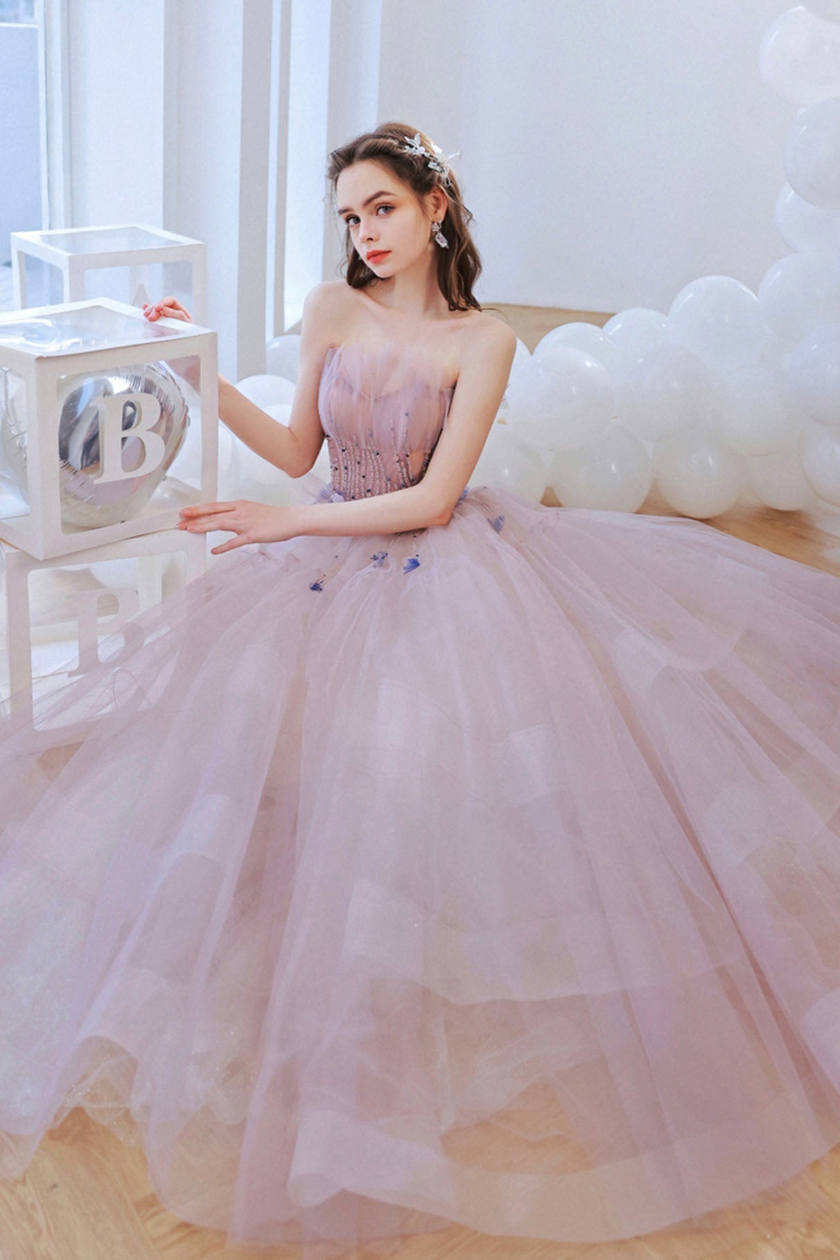 Pink Strapless Tulle Long Prom Dress with Beaded, Lovely Pink Evening Dress