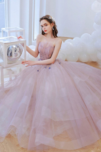 Pink Strapless Tulle Long Prom Dress with Beaded, Lovely Pink Evening Dress