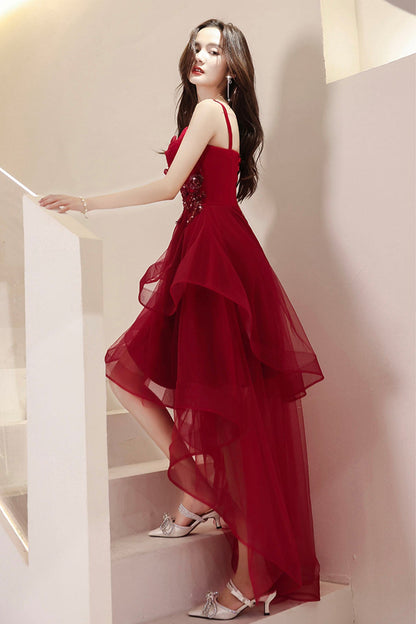 Burgundy Lace High-Low Prom Dress, Lovely Homecoming Party Dress