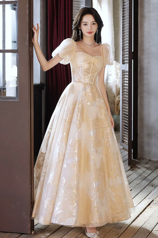 Champagne Tulle Long Prom Dresses, Champagne Short Sleeve Evening Dresses