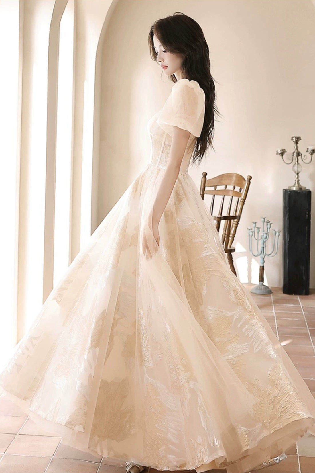 Champagne Tulle Long Prom Dresses, Champagne Short Sleeve Evening Dresses