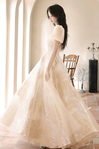 Champagne Tulle Long Prom Dresses, Champagne Short Sleeve Evening Dresses