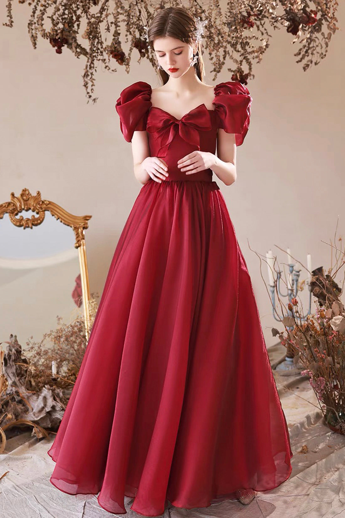 Burgundy Tulle Long Prom Dress, Off the Shoulder Beautiful A-Line Evening Party Dress