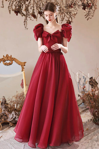 Burgundy Tulle Long Prom Dress, Off the Shoulder Beautiful A-Line Evening Party Dress