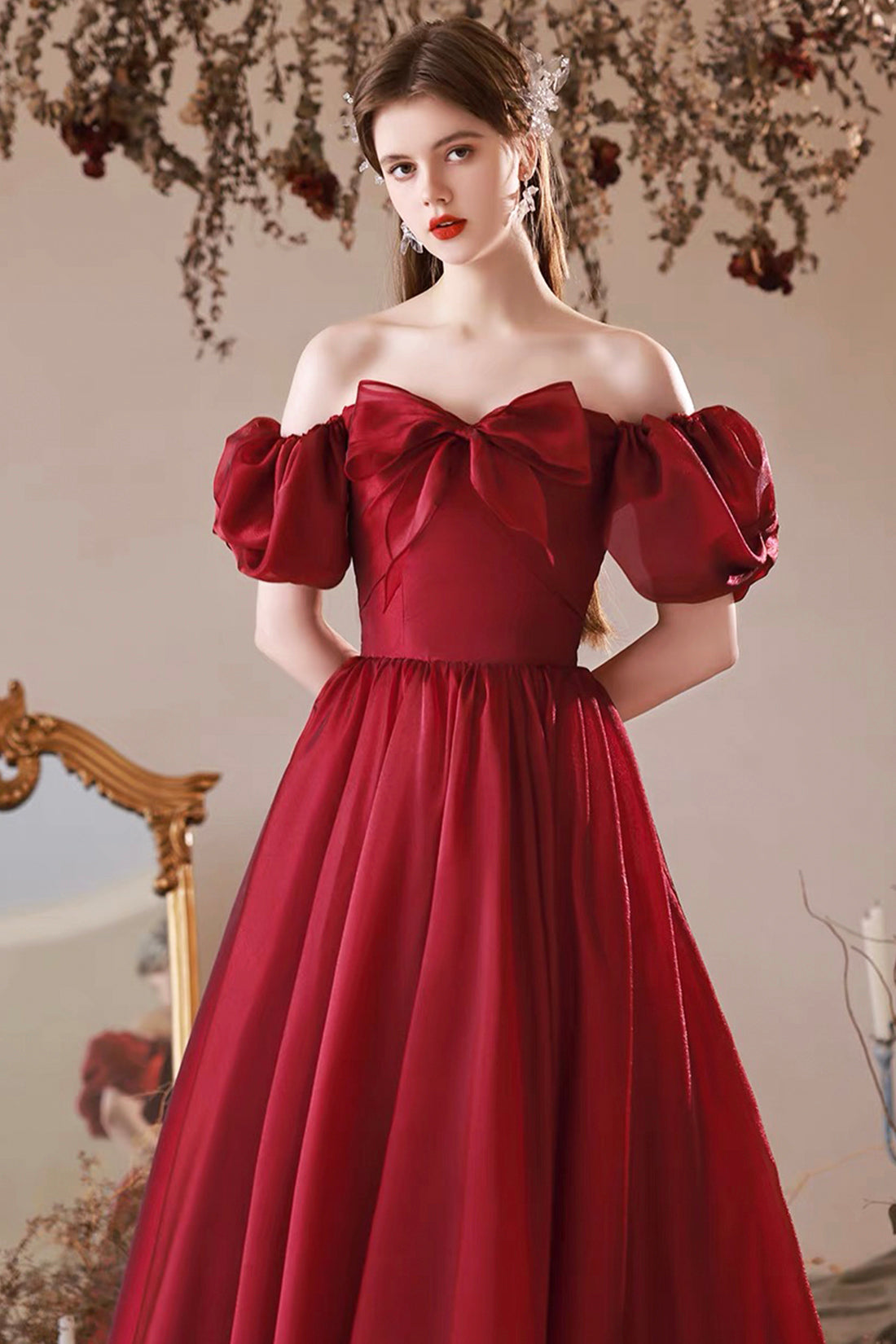 Burgundy Tulle Long Prom Dress, Off the Shoulder Beautiful A-Line Evening Party Dress