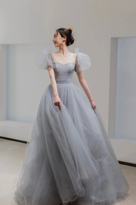 Gray Tulle Floor Length A-Line Prom Dress, Lovely Puff Sleeve Evening Party Dress