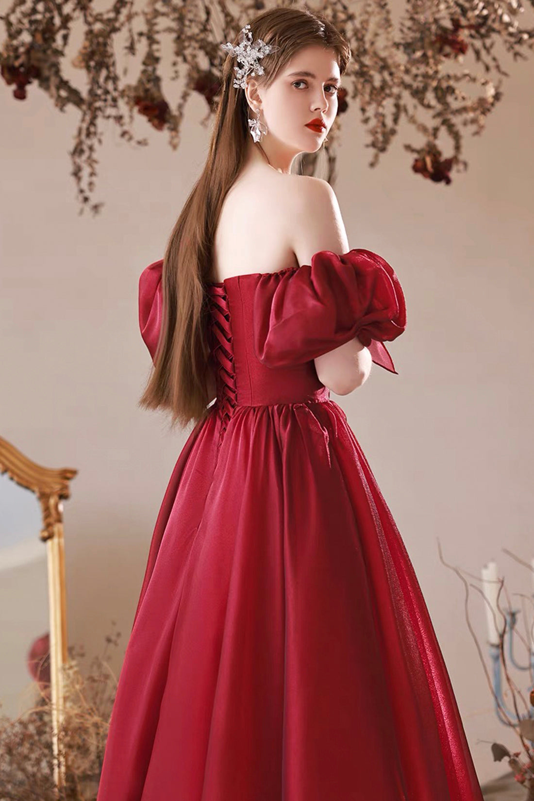 Burgundy Tulle Long Prom Dress, Off the Shoulder Beautiful A-Line Evening Party Dress