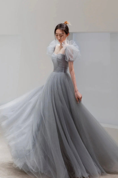 Gray Tulle Floor Length A-Line Prom Dress, Lovely Puff Sleeve Evening Party Dress