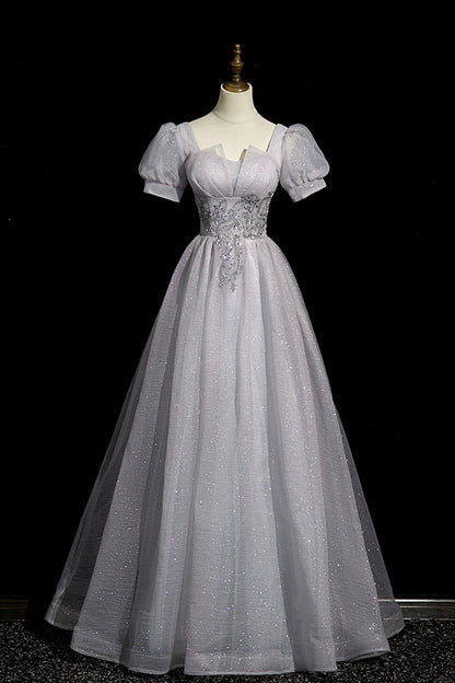 Gray Tulle Beaded Long Prom Dress, A-Line Short Sleeve Evening Party Dress