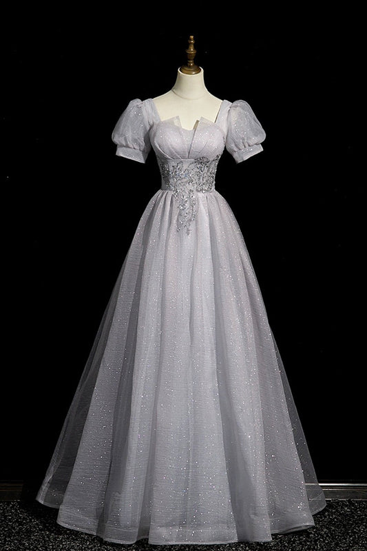 Gray Tulle Beaded Long Prom Dress, A-Line Short Sleeve Evening Party Dress