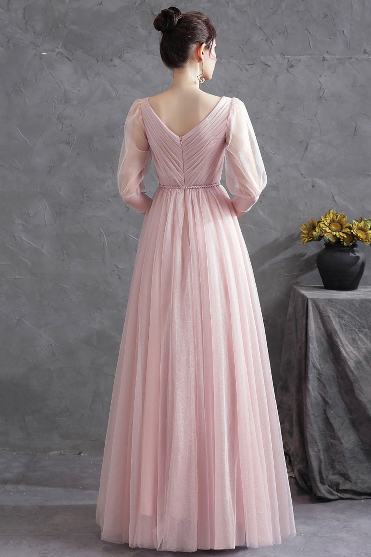 Pink V-Neck Tulle Long Prom Dress, Simple 1/2 Sleeve Evening Party Dress