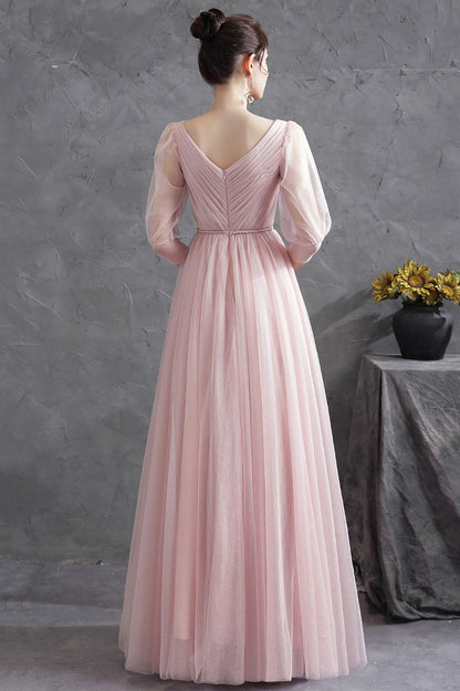 Pink V-Neck Tulle Long Prom Dress, Simple 1/2 Sleeve Evening Party Dress