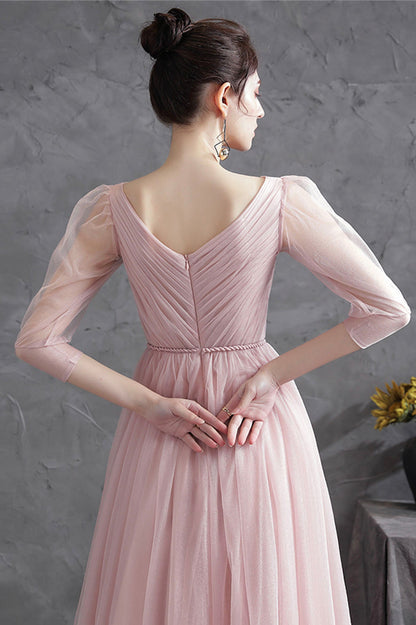 Pink V-Neck Tulle Long Prom Dress, Simple 1/2 Sleeve Evening Party Dress