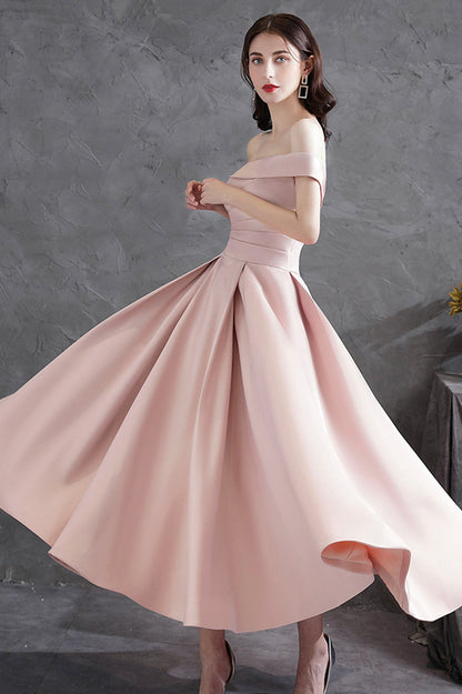 Pink Satin Short A-Line Prom Dress, Off the Shoulder Evening Party Dress