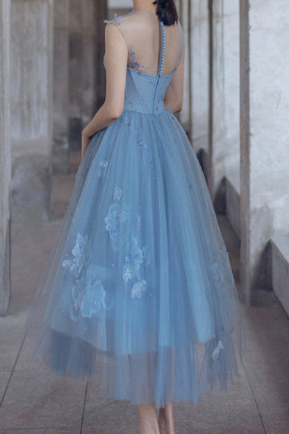 Blue Tulle Lace Short Prom Dress, Beautiful See Through Homecoming Party Dress
