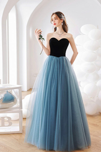 Blue Strapless Tulle Long Prom Dress, Blue A-Line Graduation Dress