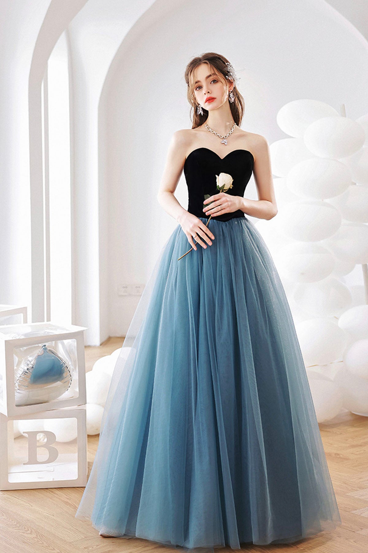 Blue Strapless Tulle Long Prom Dress, Blue A-Line Graduation Dress