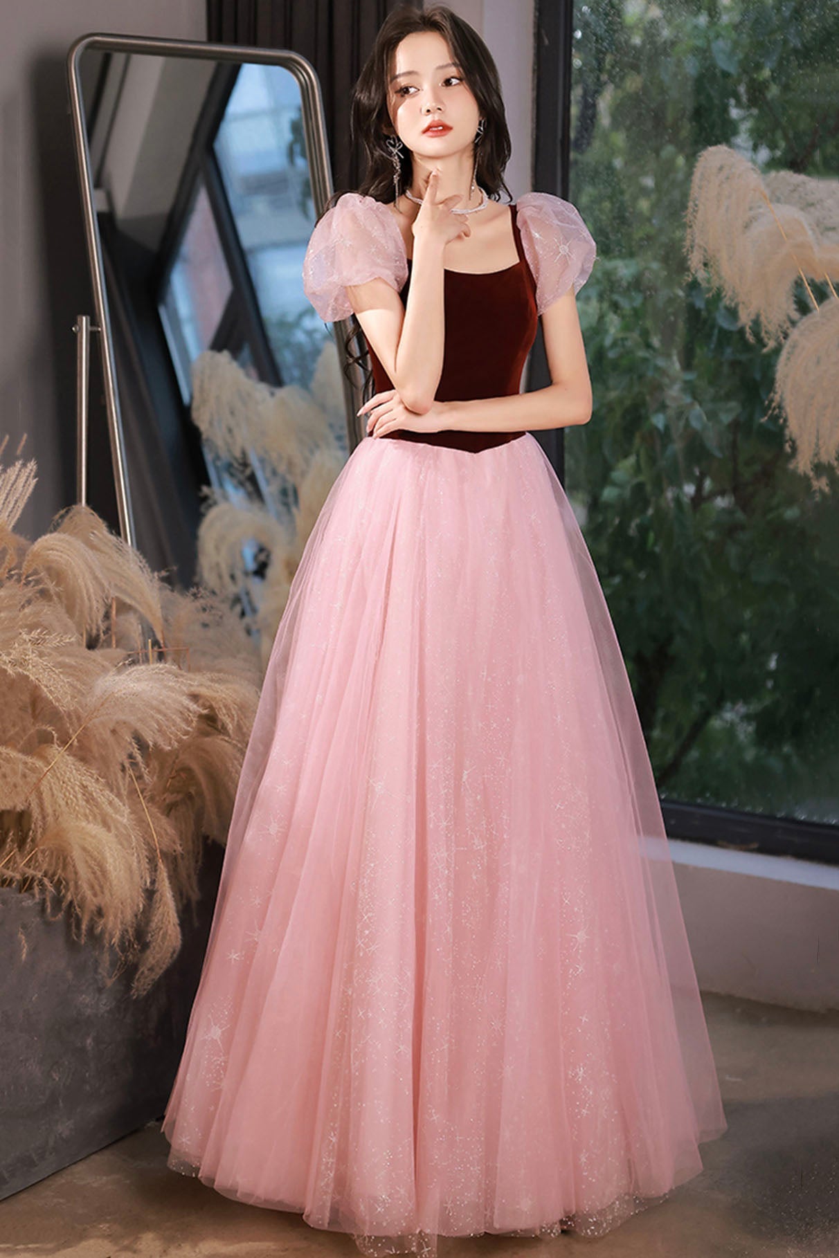 Pink Tulle and Velvet Short Sleeves Party Dress, Pink Floor Length Formal Dress