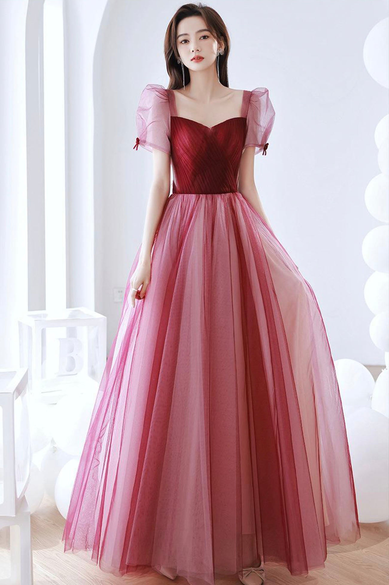 Burgundy Tulle Long Prom Dress, A-Line Short Sleeve Formal Evening Dress