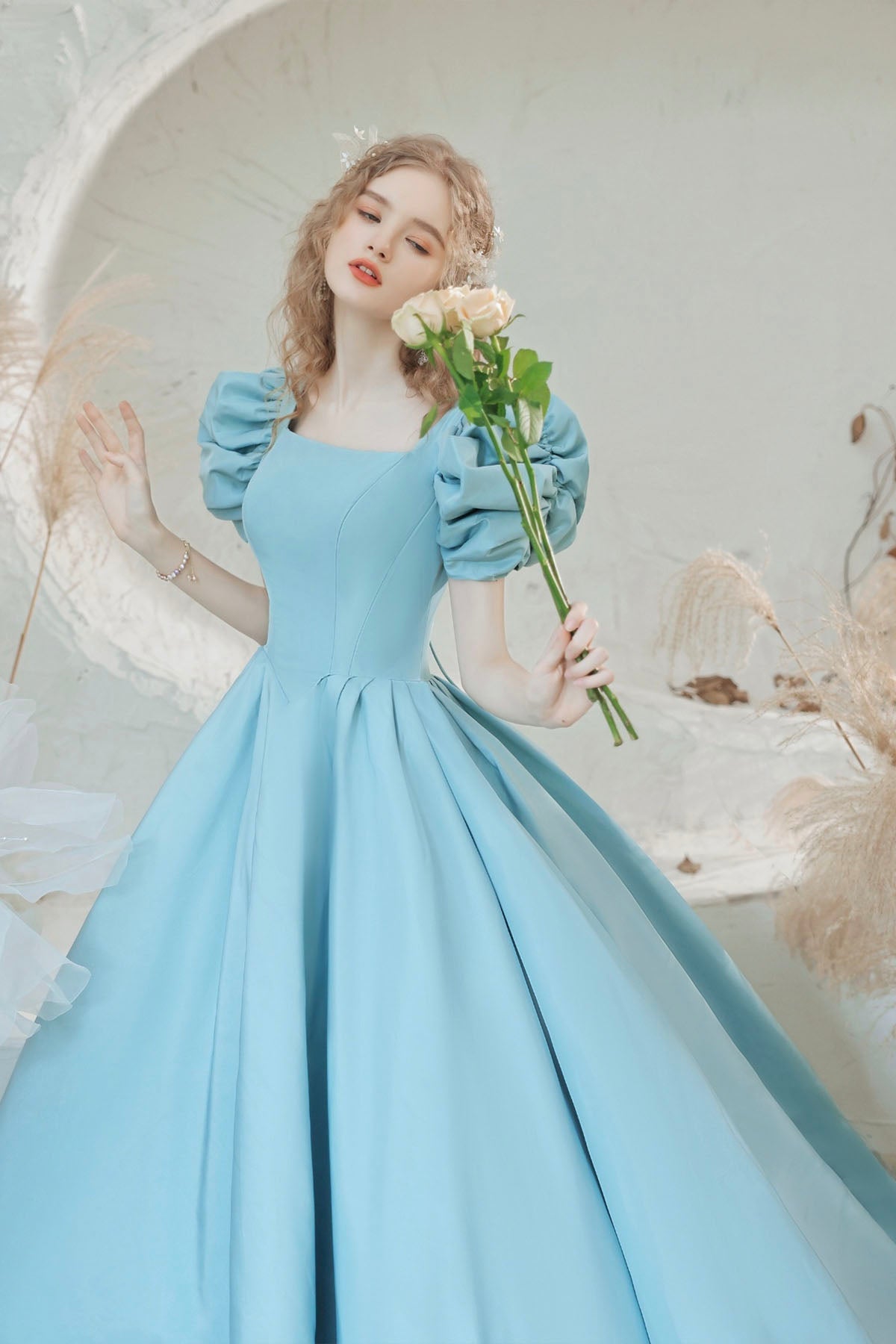 Blue Satin Long Ball Gown Dress Formal Dress